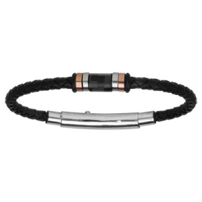 Bracelet en cuir tressé noir avec éléments en acier et PVD rose réglable