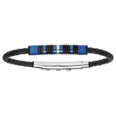 Bracelet en cuir tressé noir avec éléments en acier et PVD bleu réglable