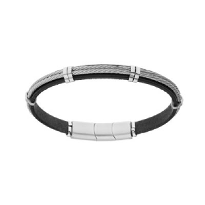 Bracelet en acier et cuir noir double câble gris double fermoir aimanté