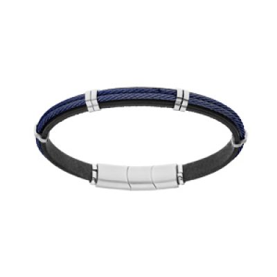 Bracelet en acier et cuir noir double câble bleu double fermoir aimanté
