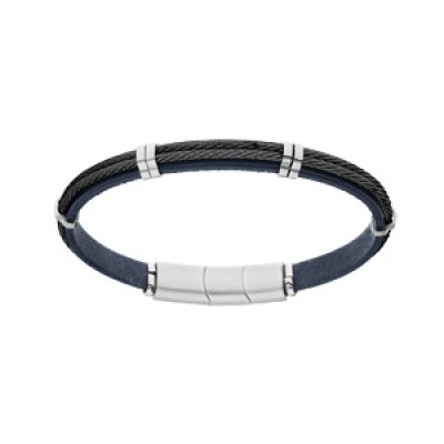Bracelet en acier et cuir bleu double câble noir double fermoir aimanté