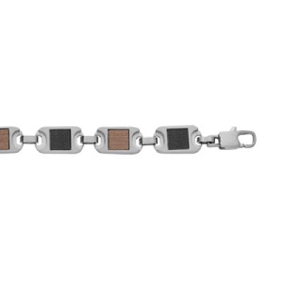 Bracelet en acier multi plaques aspect bois maron et noir 20cm