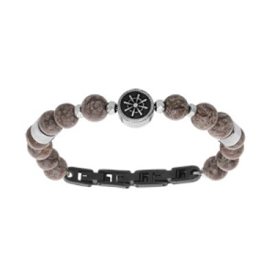 Bracelet en acier perle Obsidienne véritable et motif roue 18+2cm fermoir réglable