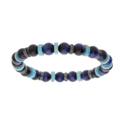 Bracelet extensible en acier avec boules Oeil de Tigre bleu et rondelles Howlite