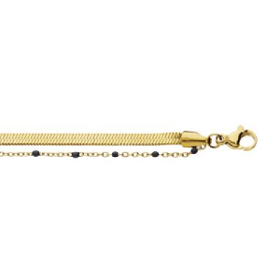 Bracelet en acier et PVD jaune 2 rangs maille plate et chaînette avec olives noire 15+3cm
