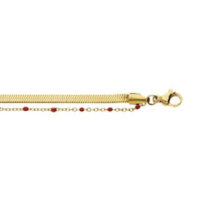 Bracelet en acier et PVD jaune 2 rangs maille plate et chaînette avec olives rouge 15+3cm