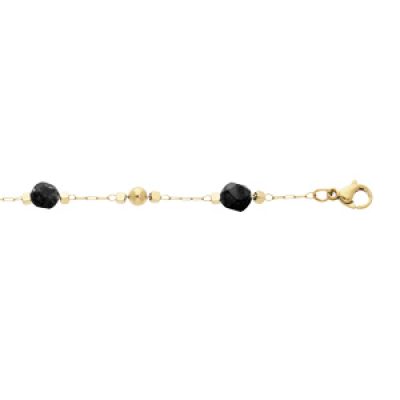 Bracelet en acier et PVD jaune chaîne avec boule facetée noire et petites boules lisses16+3cm