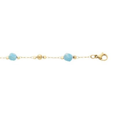 Bracelet en acier et PVD jaunechaîne avec boule facetée couleur turquoise et petites boules lisses 16+3cm