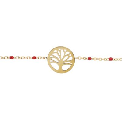 Bracelet en acier et PVD jaune chaîne avec olives couleur rouge et pastille arbre de vie 16+3cm