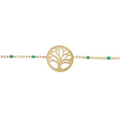 Bracelet en acier et PVD jaune chaîne avec olives couleur vert et pastille arbre de vie 16+3cm