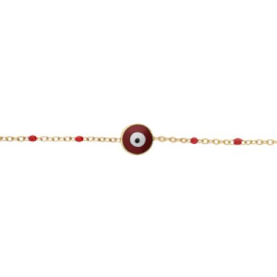 Bracelet en acier et PVD jaune chaîne avec olives couleur rouge et pastille oeil de la chance 16+3cm