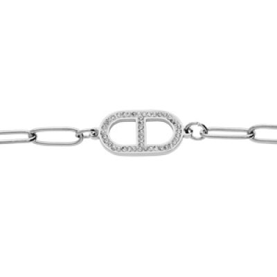Bracelet en acier chaîne mailles rectangulaires avec gorsse maille marine au centre et oxydes blancs sertis 16+3cm
