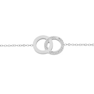 Bracelet en acier chaine avec 2 cercles entrelacés 1 lisse et 1 avec oxydes blancs 16+3cm