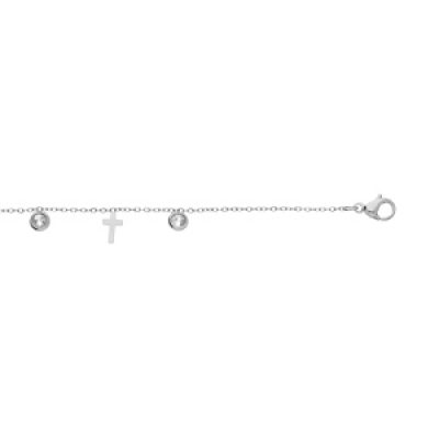 Bracelet en acier chaîne avec pampilles croix et oxydes blancs sertis 16+3cm
