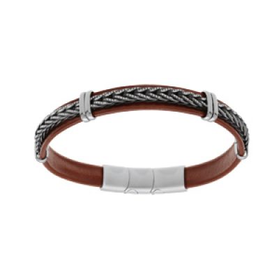 Bracelet en acier et cuir marron avec tresse et double fermoir 19.5+1.5cm