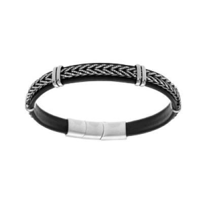 Bracelet en acier et cuir noir avec tresse et double fermoir 19.5+1.5cm