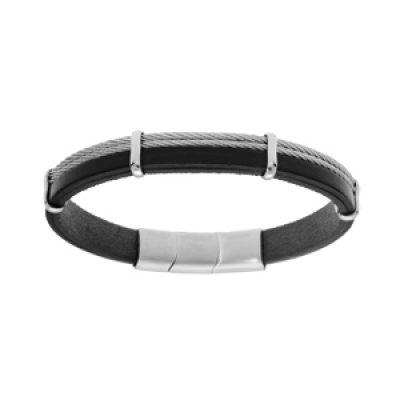 Bracelet en acier et cuir noir avec 2 câbles gris et double fermoir 20+1cm