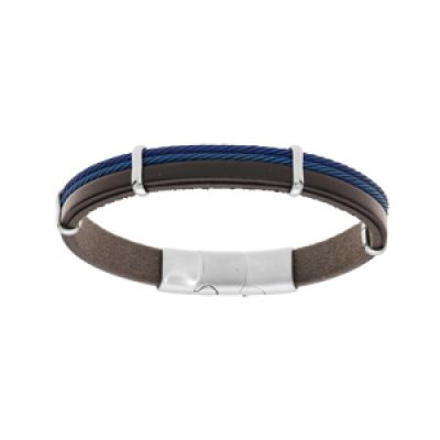 Bracelet en acier et cuir noir avec 2 câbles bleu et double fermoir 20+1cm