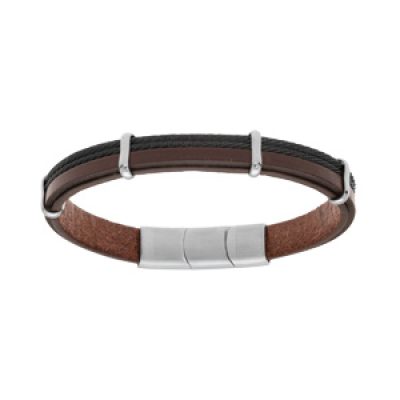 Bracelet en acier et cuir marron avec 2 câbles noir et double fermoir 20+1cm