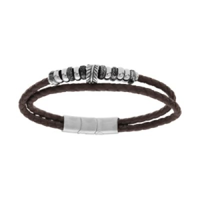 Bracelet en acier et cuir marron tressé 2 rangs avec multi anneaux 19.5+1cm double fermoir