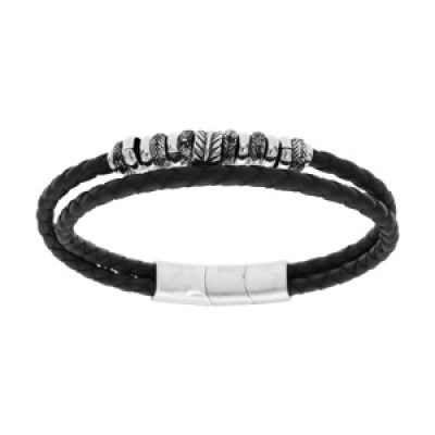 Bracelet en acier et cuir noir tressé 2 rangs avec multi anneaux 19.5+1cm double fermoir