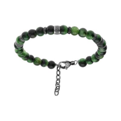 Bracelet en acier avec boules Oeil de Tigre teinté vert véritable 19+3cm