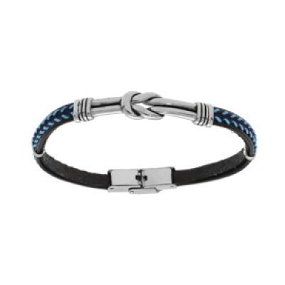 Bracelet en acier et cuir noir avec couture bleu et motif noeud patiné 20cm réglable
