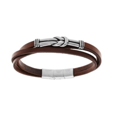 Bracelet en acier et cuir marron 3 rangs motif noeud 19+1cm double fermoir
