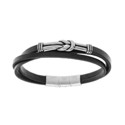 Bracelet en acier et cuir noir 3 rangs motif noeud 19+1cm double fermoir