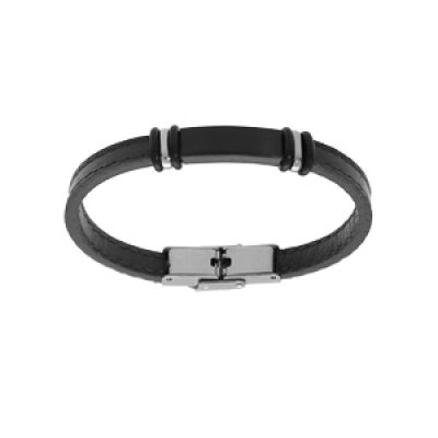 Bracelet junior en acier et cuir noir avec plaque noir 16.5cm réglable
