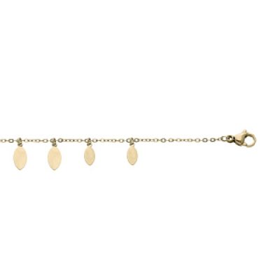 Bracelet en acier et PVD jaune chaîne avec pampilles feuilles lisses 16.5+3cm