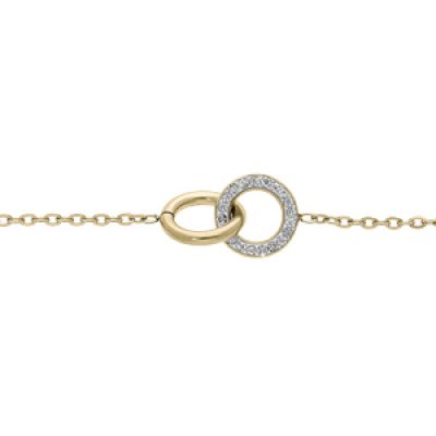 Bracelet en acier et PVD jaune chaîne avec double anneaux 1 lisse et 1 oxydes blancs sertis 16+3cm
