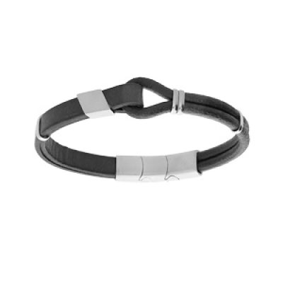 Bracelet en acier et cuir noir avec boucle 20cm + 1cm double fermoir