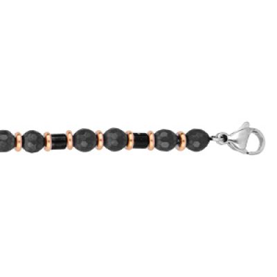 Bracelet en acier et PVD rose alternance de boules et cylindres noirs