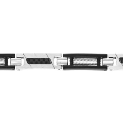 Bracelet en acier et PVD noir avec câbles et carbone 18+3cm réglable double fermoir