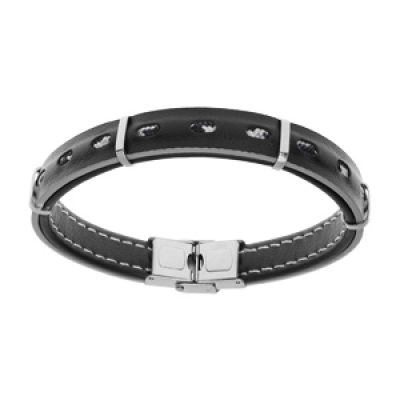 Bracelet en acier et cuir noir avec tranche gris avec cordon 21cm réglable