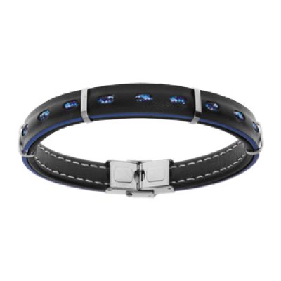 Bracelet en acier et cuir noir véritable avec tranche bleu avec cordon 21cm réglable