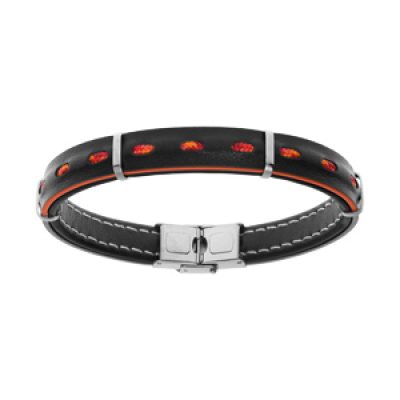 Bracelet en acier et cuir noir véritable avec tranche orange avec cordon 21cm réglable