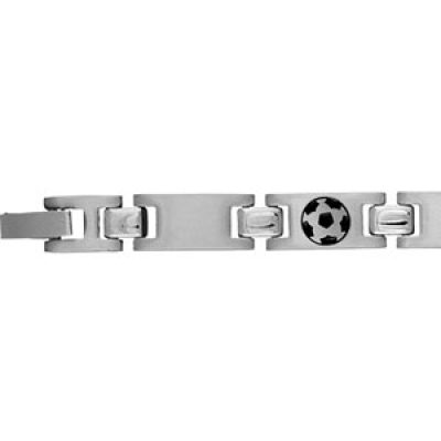 Bracelet en acier alternance de maillons lisses et maillons ornés d'un ballon de foot en résine noire - 21cm