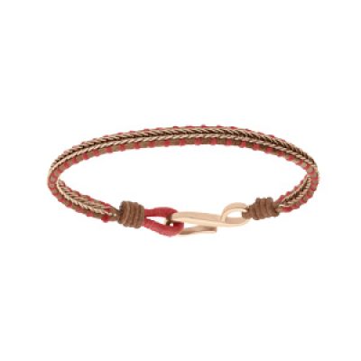 Bracelet en acier et PVD rose cuir marron véritable et cordon rouge 18cm