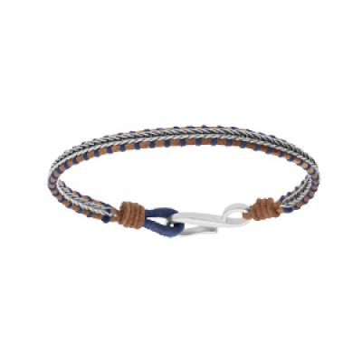 Bracelet en acier et cuir marron cordon bleu 18cm