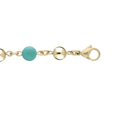 Bracelet en acier et PVD jaune chaîne type marseillais avec boules de Jade bleu véritable 16+3cm