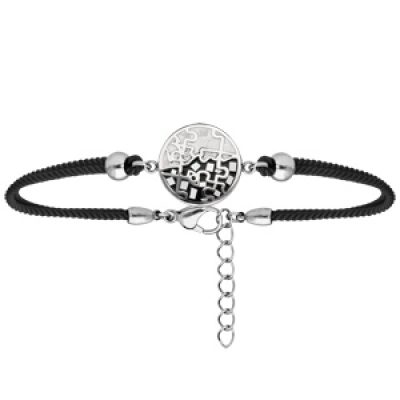 Bracelet Stella Mia en acier cordon noir avec pastille ronde noire et blanche et nacre 15
