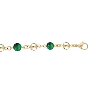 Bracelet en acier et PVD jaune marseillais chaîne avec boule d'Agate verte 16+3cm