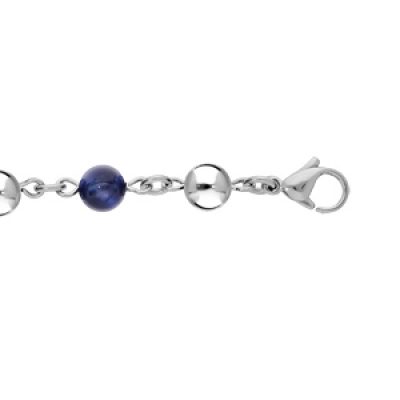 Bracelet en acier marseillais chaîne avec boule il de Tigre bleu véritable 16+3cm
