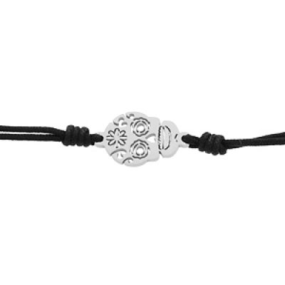 Bracelet junior en acier cordon noir pastille tête de mort mexicaine (calaveras) 15+3cm
