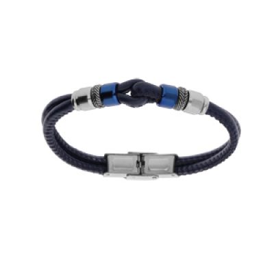 Bracelet junior en acier et cuir noir double rang motif boucle et rondelle PVD bleu 16.5cm réglable