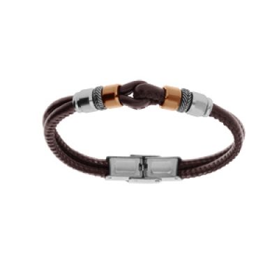 Bracelet junior en acier et cuir marron double rang motif boucle et rondelles PVD rose 16.5cm réglable