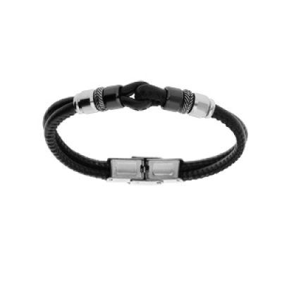 Bracelet junior en acier et cuir noir double rang motif boucle et rondelle PVD noir 16.5cm réglable
