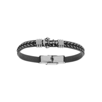 Bracelet junior en acier tissu noir et gris avec motif ancre marine 16.5cm réglable